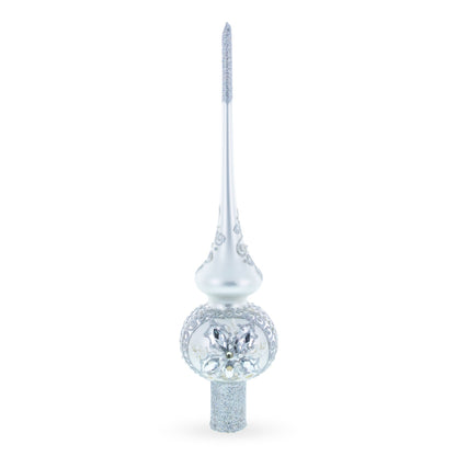 White Jewels Star on Glossy Silver Glass Christmas Tree Topper 11 Inches