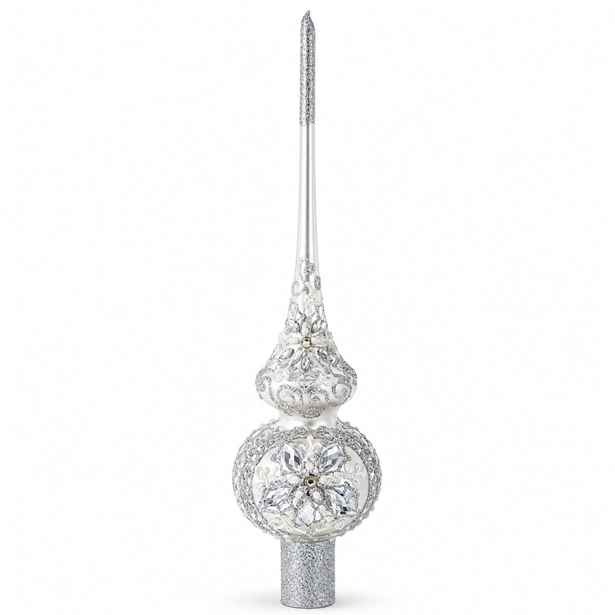 White Jewels Star on Glossy Silver Glass Christmas Tree Topper 11 Inches
