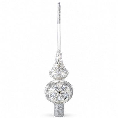 White Jewels Star on Glossy Silver Glass Christmas Tree Topper 11 Inches