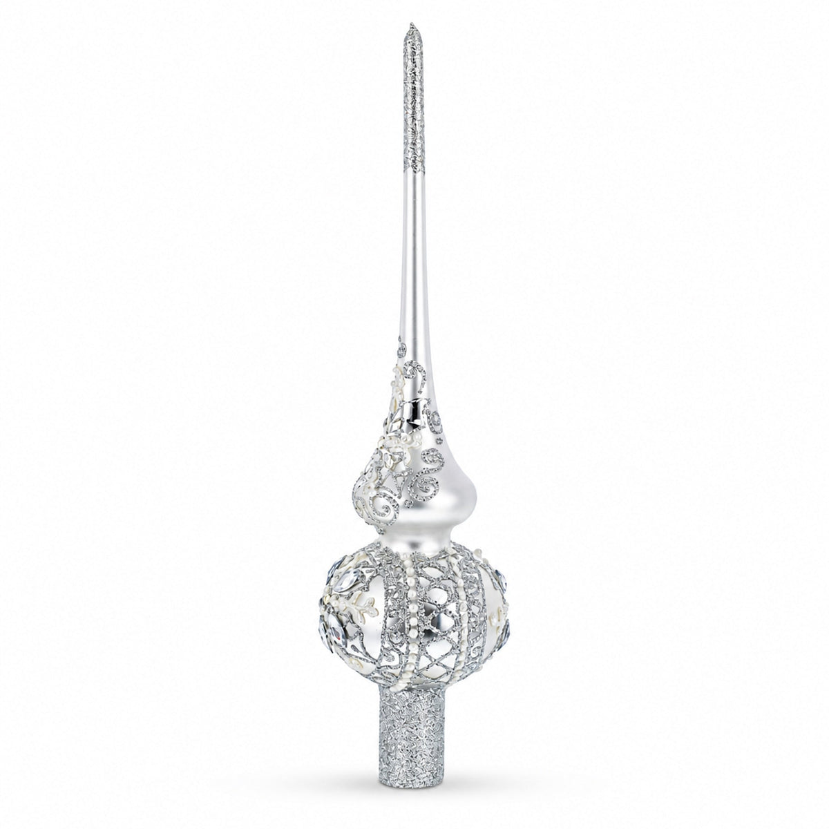 White Jewels Star on Glossy Silver Glass Christmas Tree Topper 11 Inches