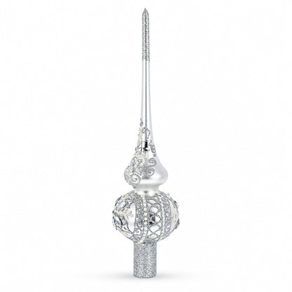 White Jewels Star on Glossy Silver Glass Christmas Tree Topper 11 Inches
