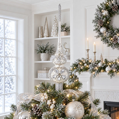 White Jewels Star on Glossy Silver Glass Christmas Tree Topper 11 Inches