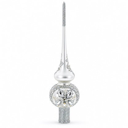 White Jewels Star on Glossy Silver Glass Christmas Tree Topper 11 Inches
