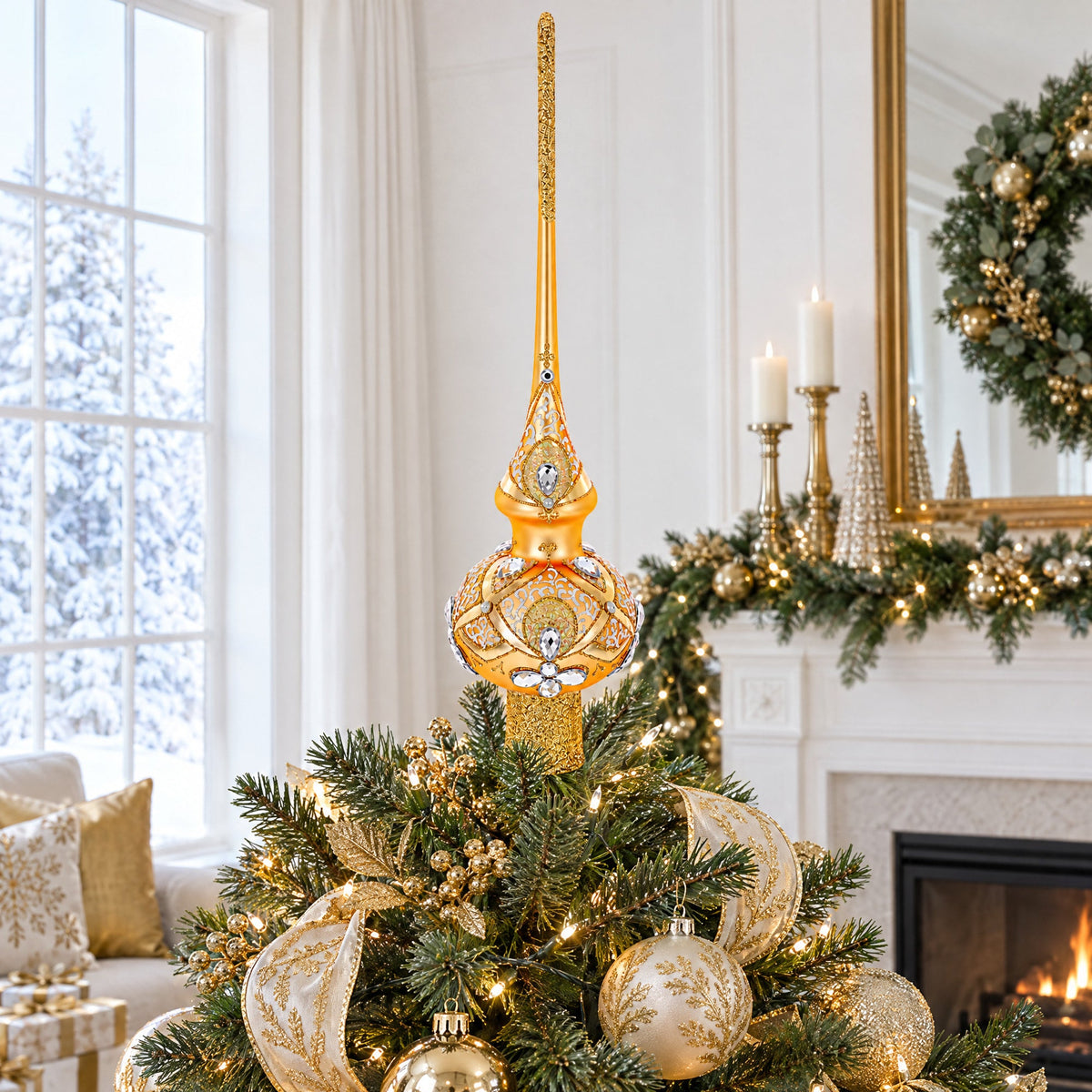 Diamonds on Rose Gold Glass Christmas Tree Topper 11 Inches