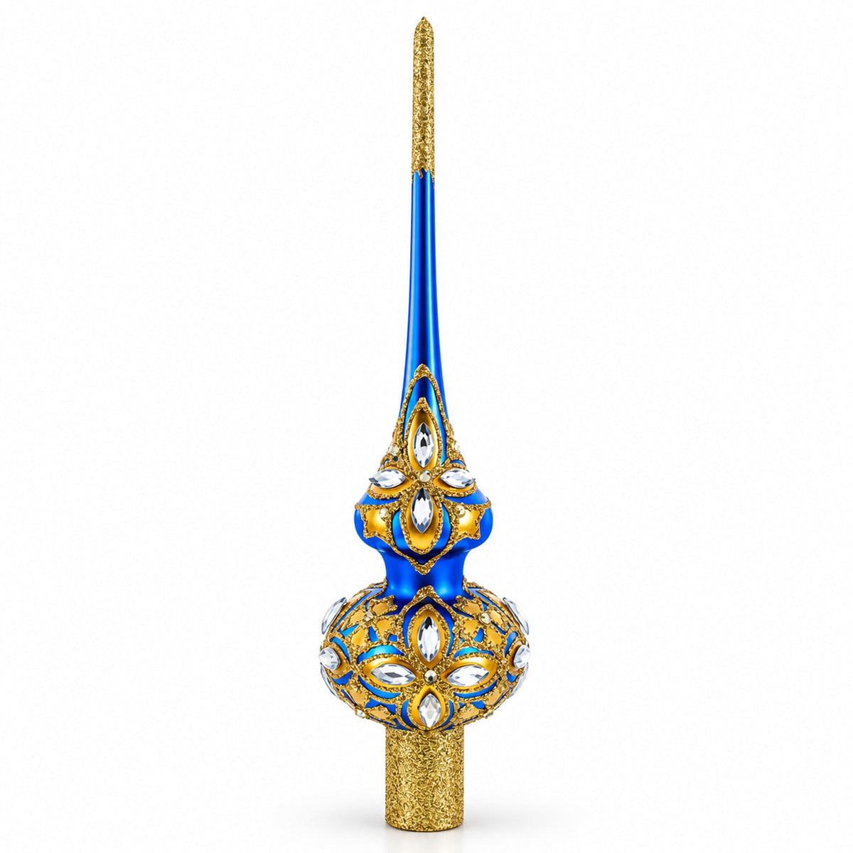 Diamond Stars on Blue and Gold Glass Christmas Tree Topper 11 Inches