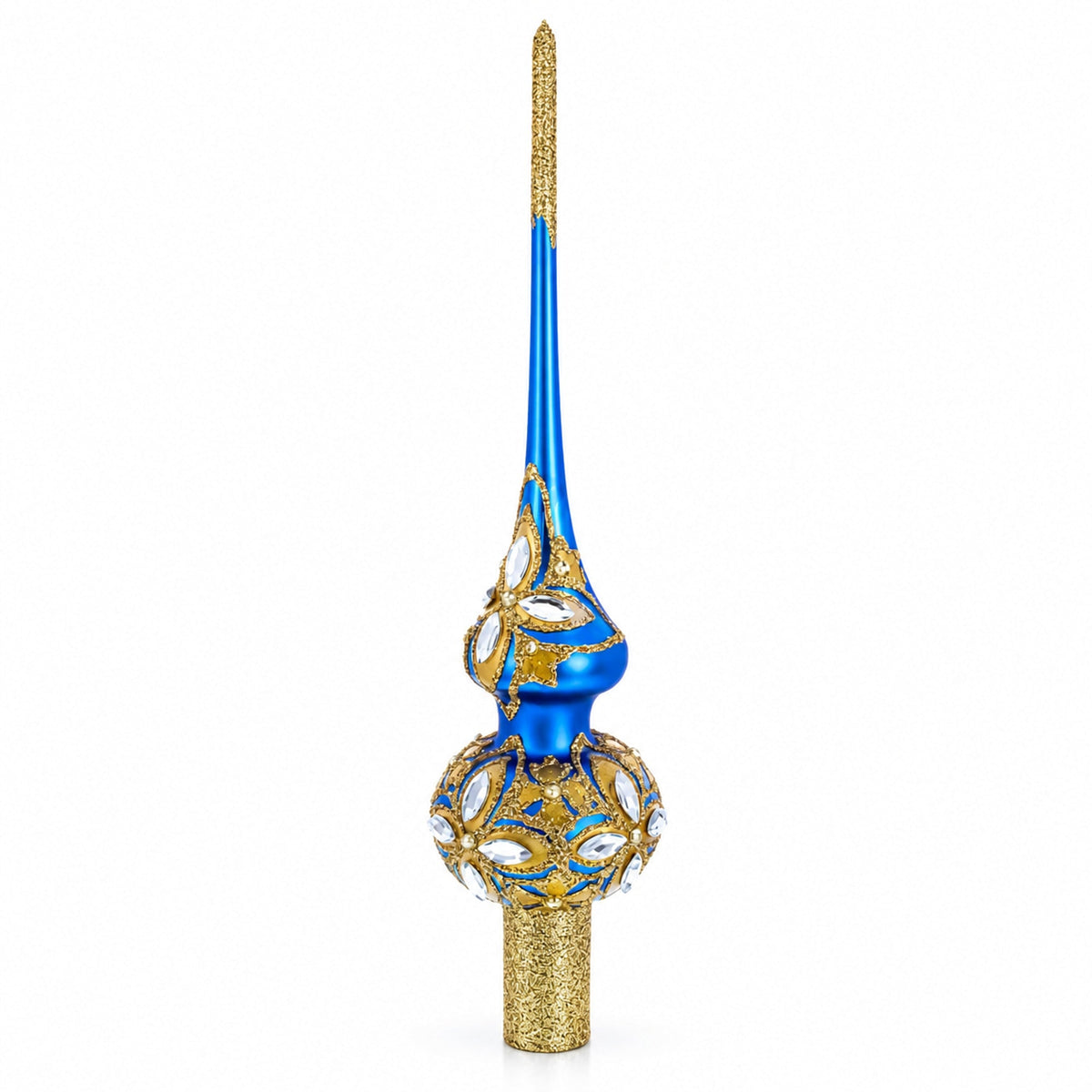 Diamond Stars on Blue and Gold Glass Christmas Tree Topper 11 Inches
