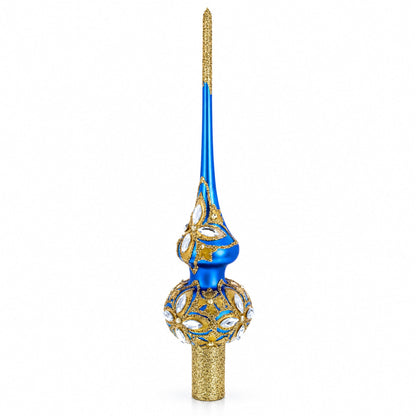 Diamond Stars on Blue and Gold Glass Christmas Tree Topper 11 Inches