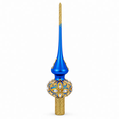 Diamond Stars on Blue and Gold Glass Christmas Tree Topper 11 Inches