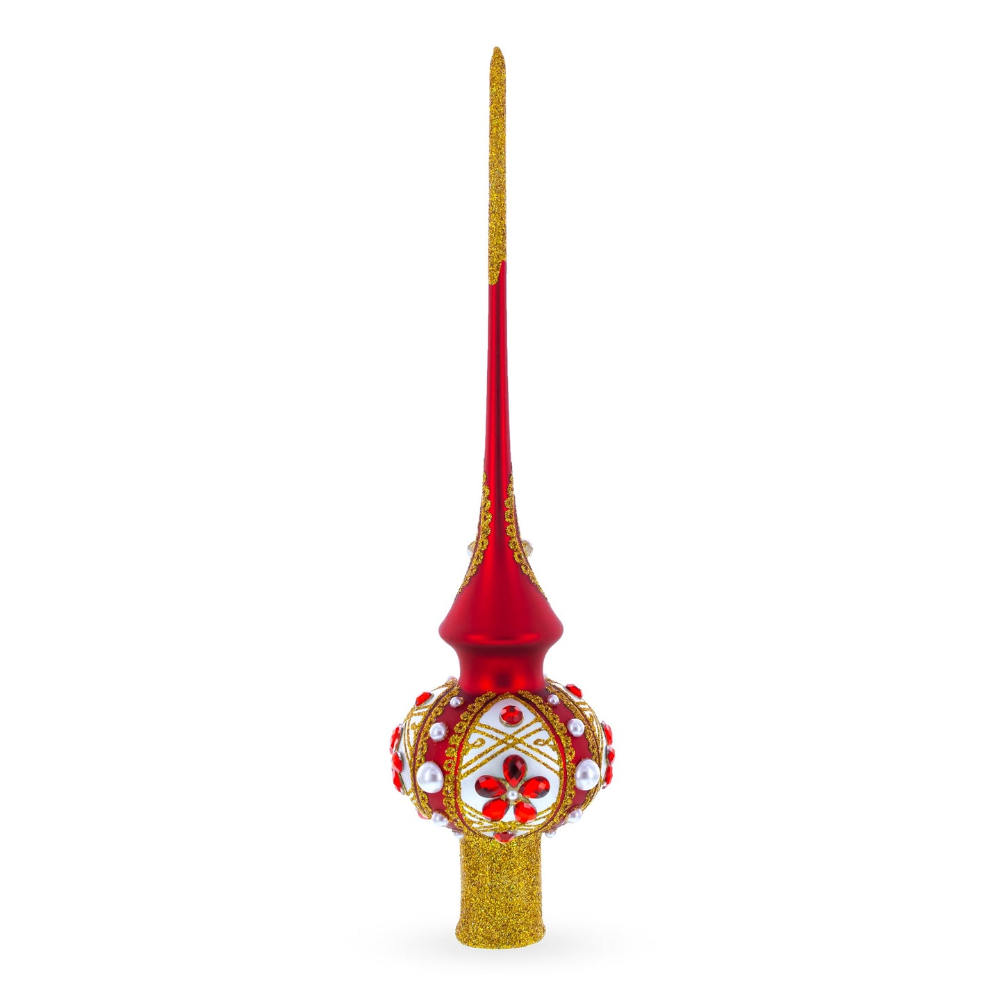 Red Jewels and White Pearls on Red Glass Christmas Tree Topper 11 Inches