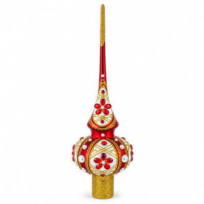 Red Jewels and White Pearls on Red Glass Christmas Tree Topper 11 Inches