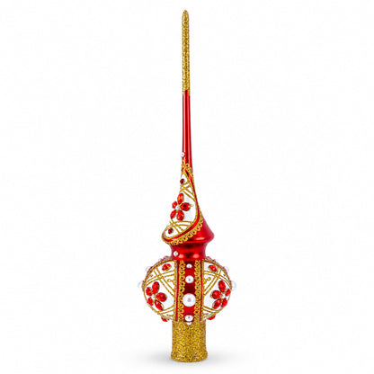 Red Jewels and White Pearls on Red Glass Christmas Tree Topper 11 Inches