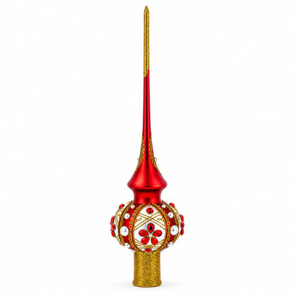 Red Jewels and White Pearls on Red Glass Christmas Tree Topper 11 Inches