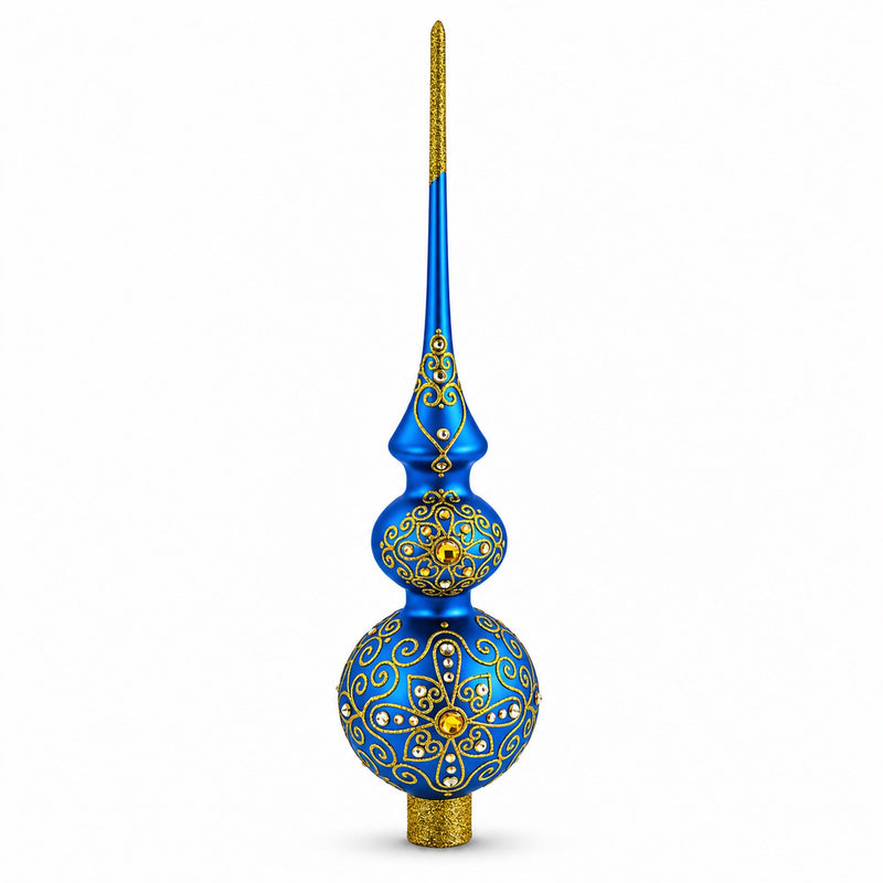 Golden Swirls on Blue Double Ball Glass Christmas Tree Topper 16 Inches
