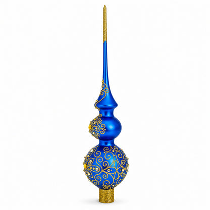 Golden Swirls on Blue Double Ball Glass Christmas Tree Topper 16 Inches