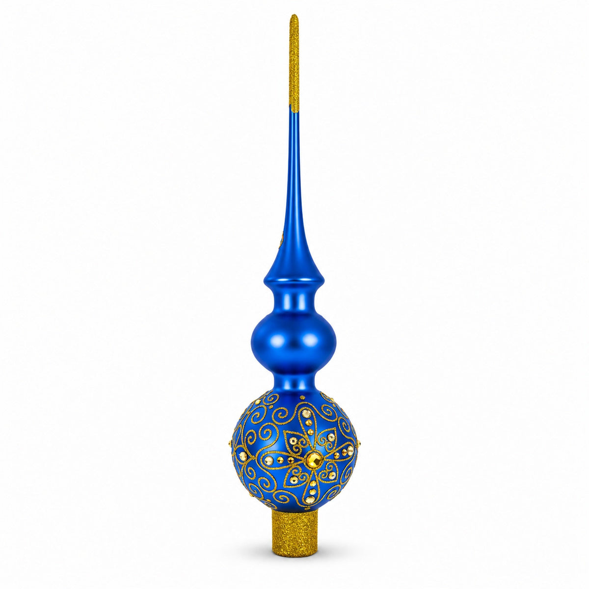Golden Swirls on Blue Double Ball Glass Christmas Tree Topper 16 Inches