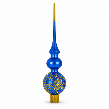 Golden Swirls on Blue Double Ball Glass Christmas Tree Topper 16 Inches