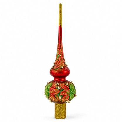 Red and Green Leaves on Red Glass Tree Topper