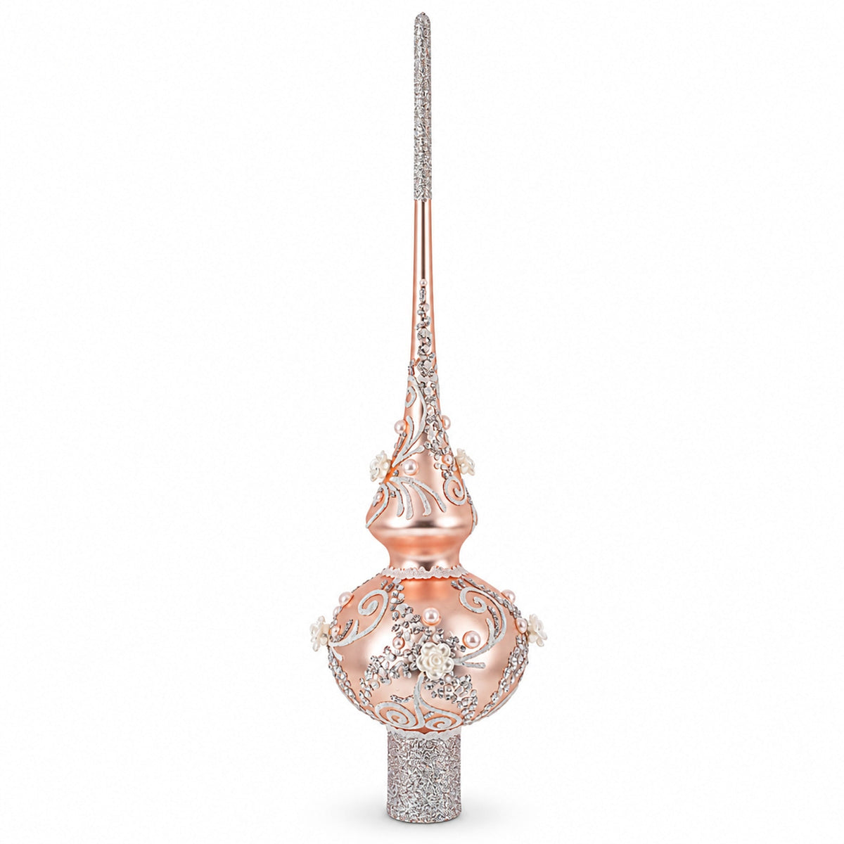 Silver Swirls on Metallic Rose Pink Glass Tree Topper