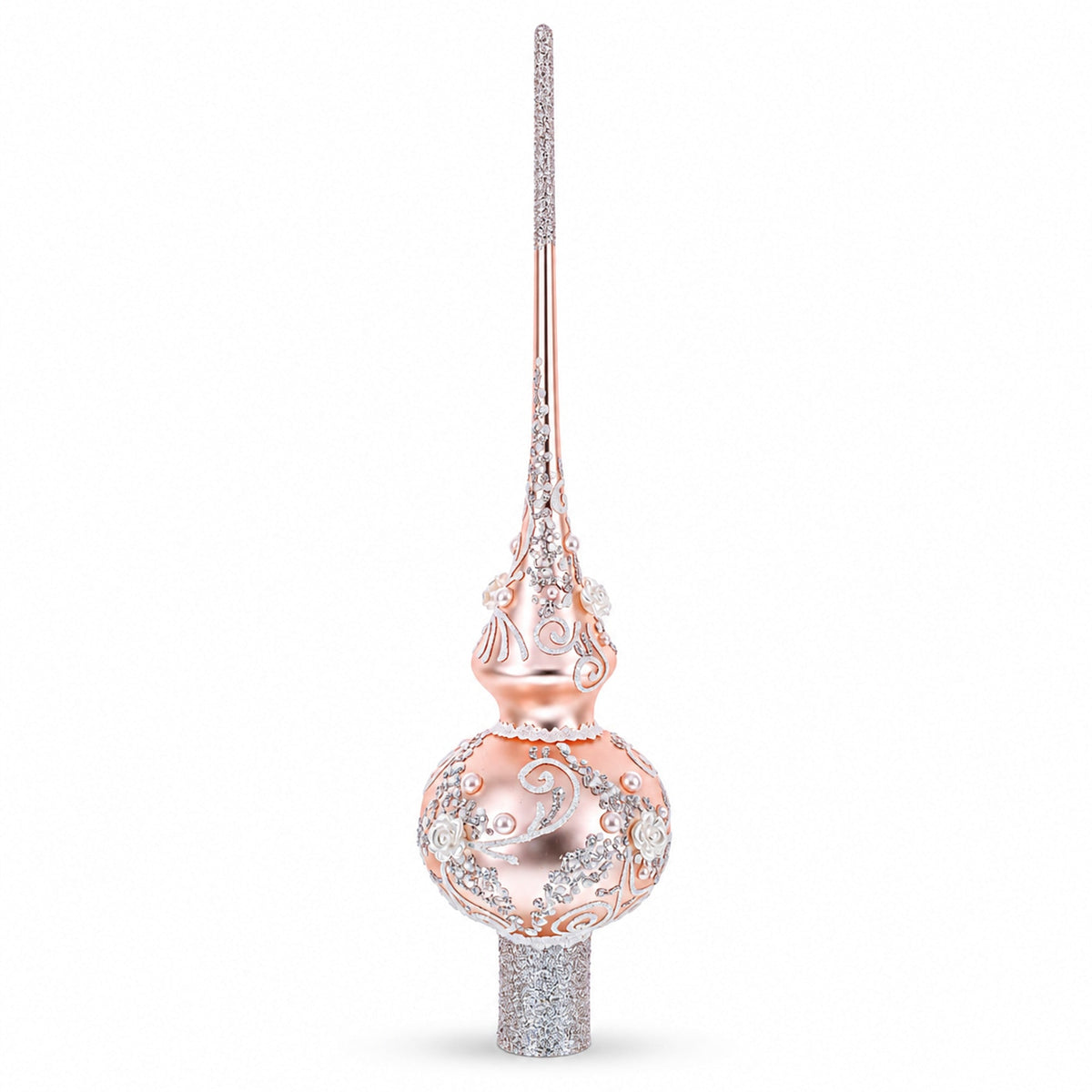 Silver Swirls on Metallic Rose Pink Glass Tree Topper