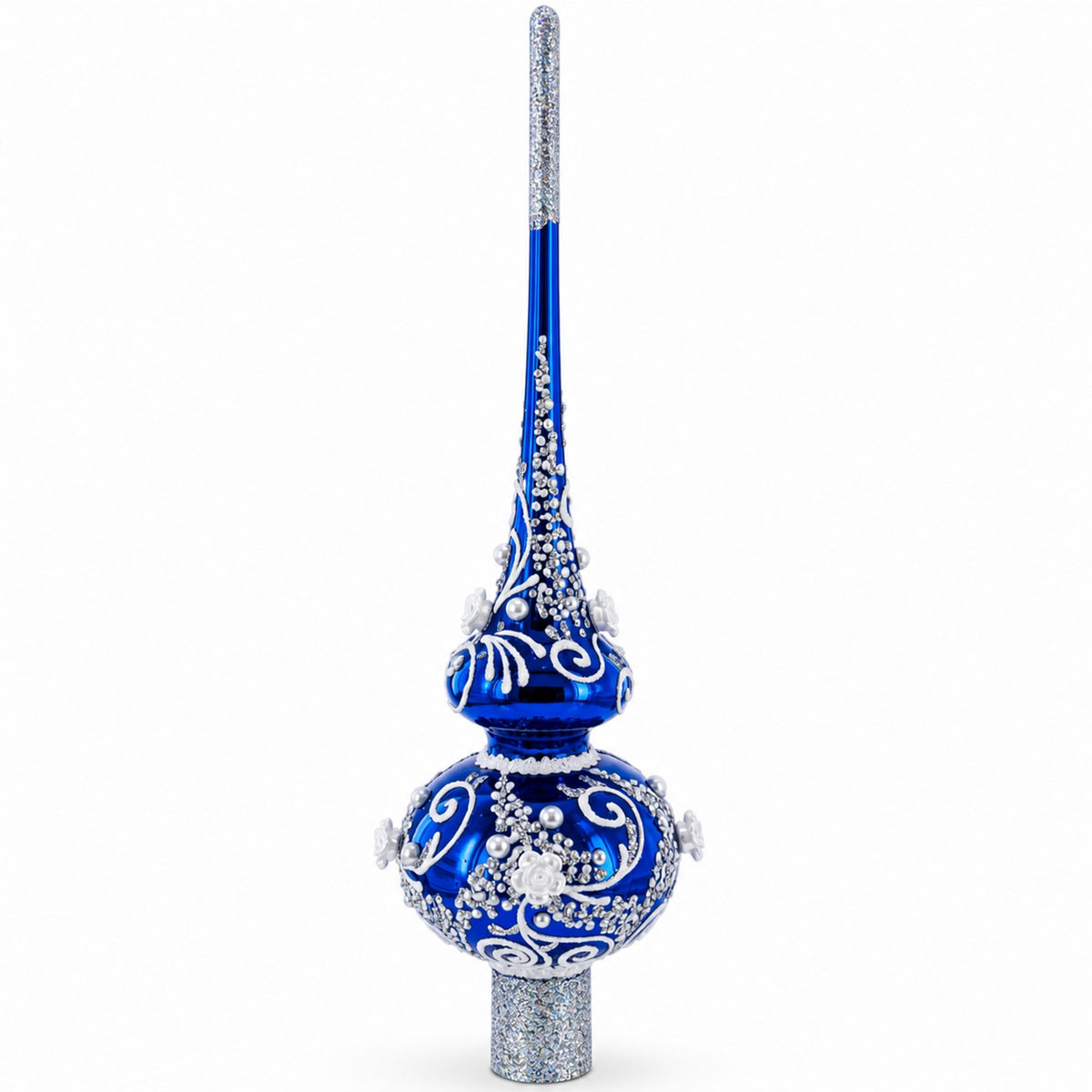 Silver Swirls on Blue Glass Christmas Tree Topper 11 Inches