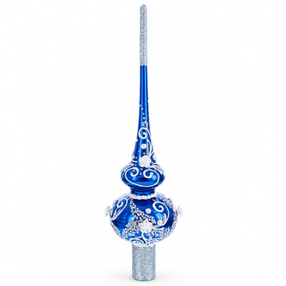 Silver Swirls on Blue Glass Christmas Tree Topper 11 Inches