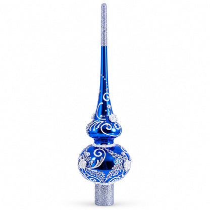 Silver Swirls on Blue Glass Christmas Tree Topper 11 Inches
