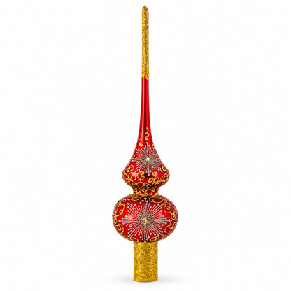 Radiant Jeweled Snowflake on Red Glass Christmas Tree Topper 11 Inches