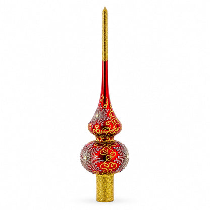 Radiant Jeweled Snowflake on Red Glass Christmas Tree Topper 11 Inches