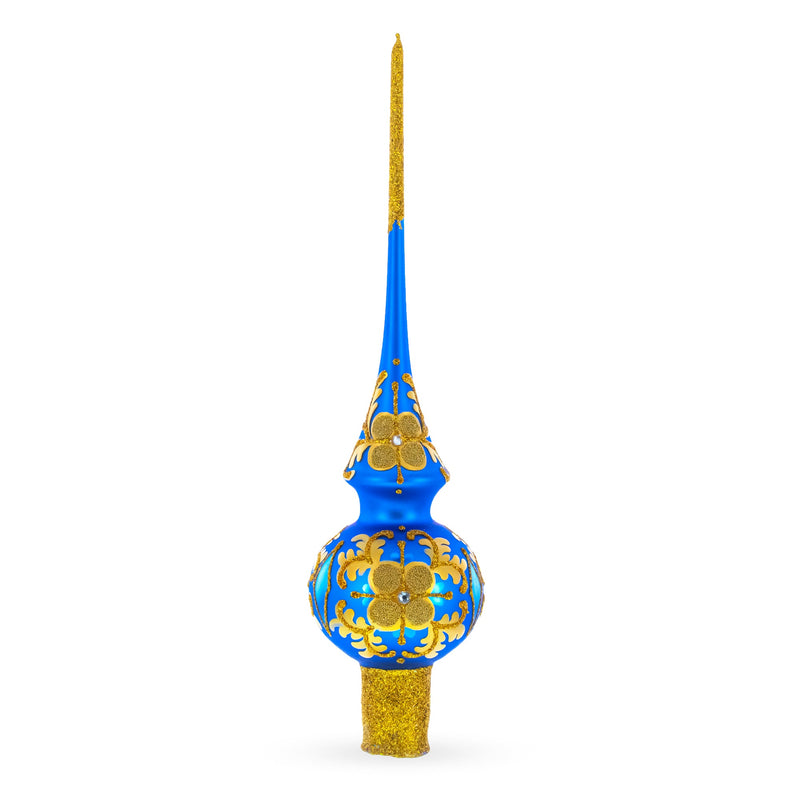 Jeweled Golden Leaves on Blue Glass Christmas Tree Topper 11 Inches