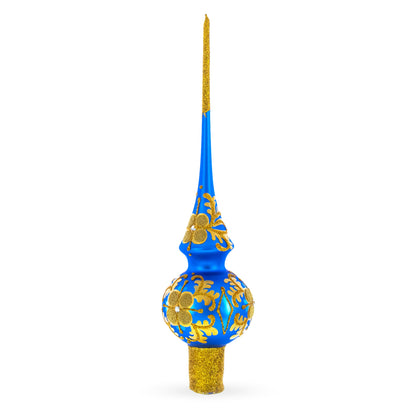 Jeweled Golden Leaves on Blue Glass Christmas Tree Topper 11 Inches