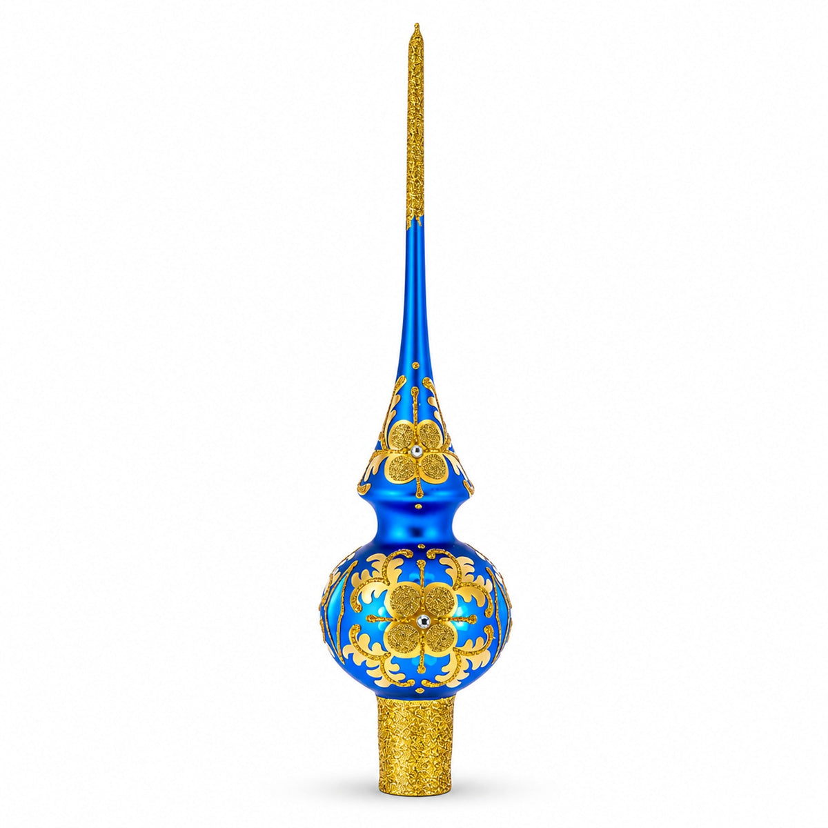 Jeweled Golden Leaves on Blue Glass Christmas Tree Topper 11 Inches