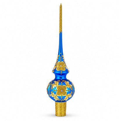 Jeweled Golden Leaves on Blue Glass Christmas Tree Topper 11 Inches