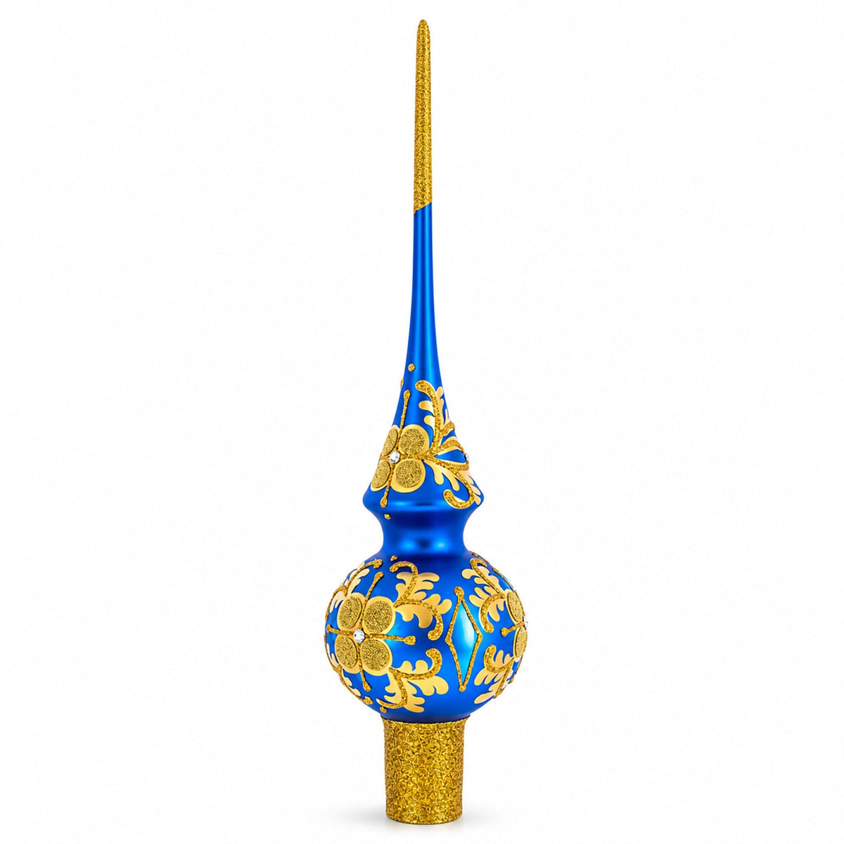 Jeweled Golden Leaves on Blue Glass Christmas Tree Topper 11 Inches