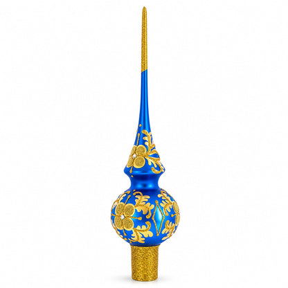 Jeweled Golden Leaves on Blue Glass Christmas Tree Topper 11 Inches