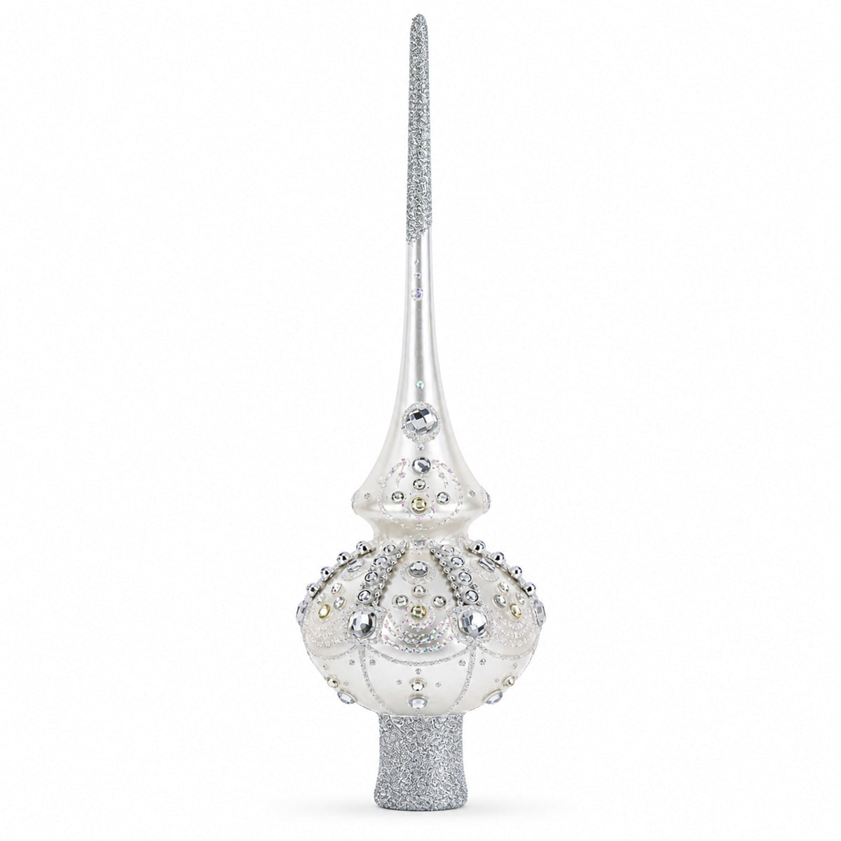 White Jewels on Silver Glass Christmas Tree Topper 11 Inches