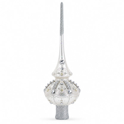 White Jewels on Silver Glass Christmas Tree Topper 11 Inches