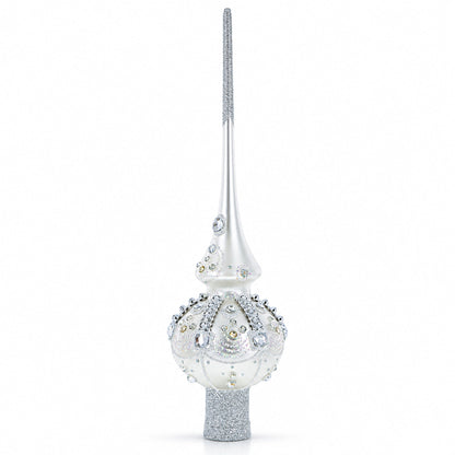 White Jewels on Silver Glass Christmas Tree Topper 11 Inches