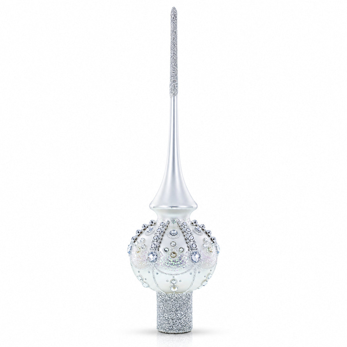White Jewels on Silver Glass Christmas Tree Topper 11 Inches