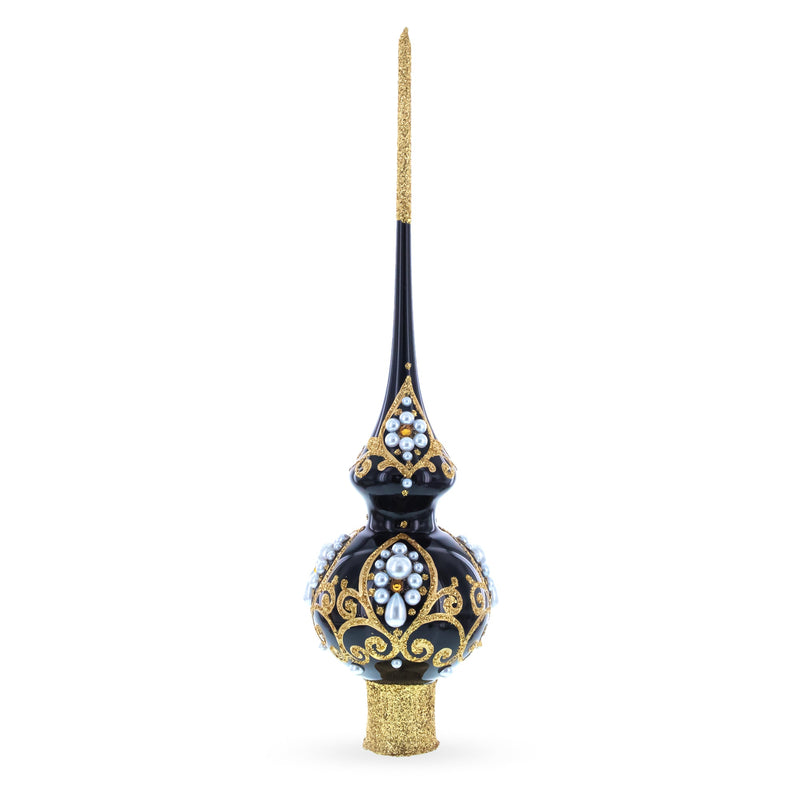 Black and Gold Filigree Design Glass Christmas Tree Topper 11 Inches