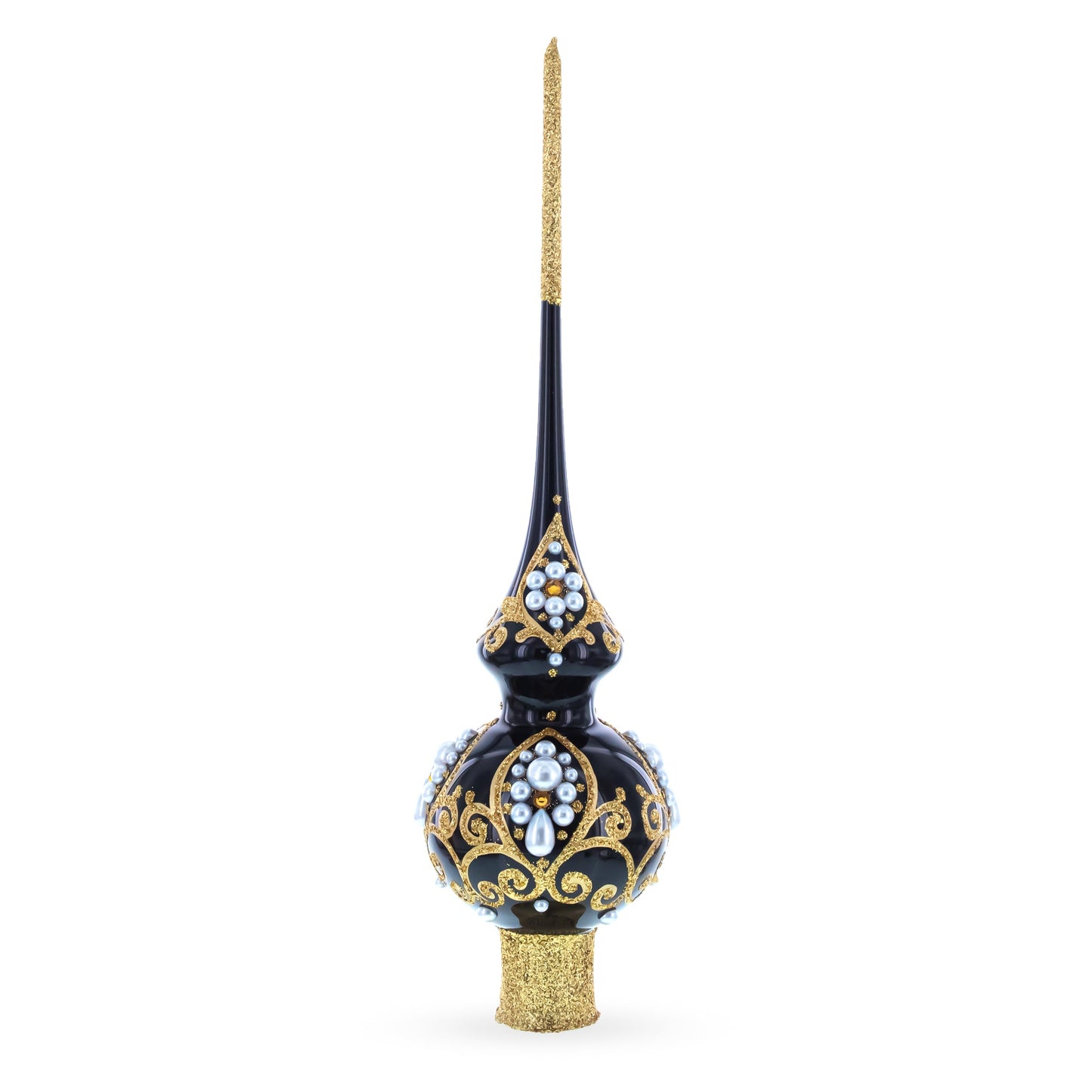 Black and Gold Filigree Design Glass Christmas Tree Topper 11 Inches
