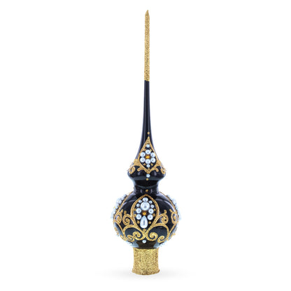 Black and Gold Filigree Design Glass Christmas Tree Topper 11 Inches
