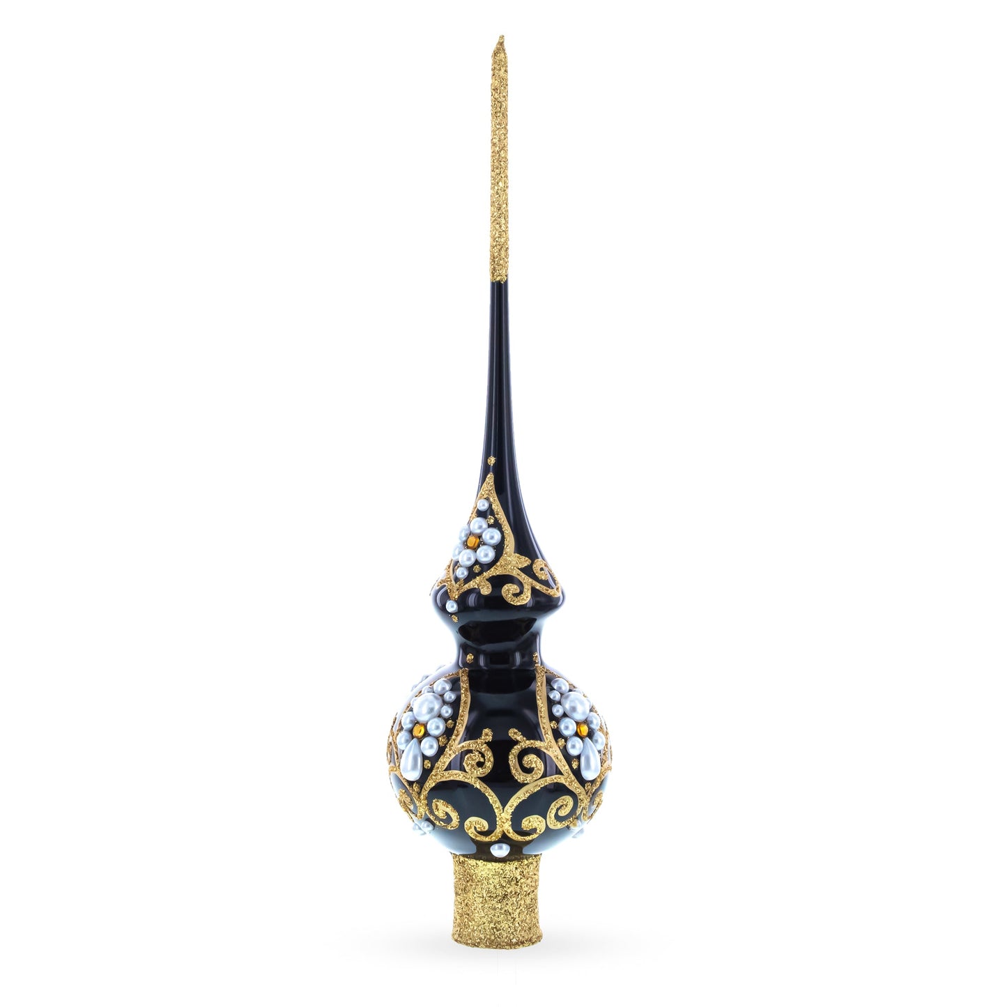 Black and Gold Filigree Design Glass Christmas Tree Topper 11 Inches