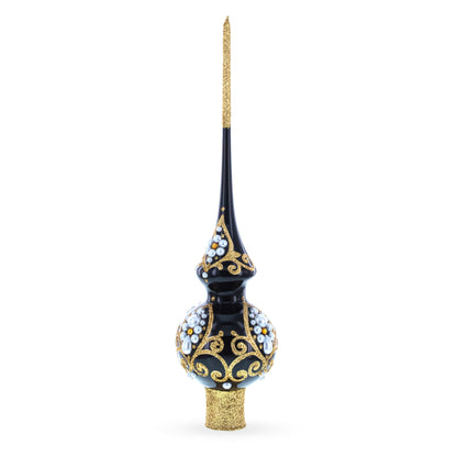 Black and Gold Filigree Design Glass Christmas Tree Topper 11 Inches