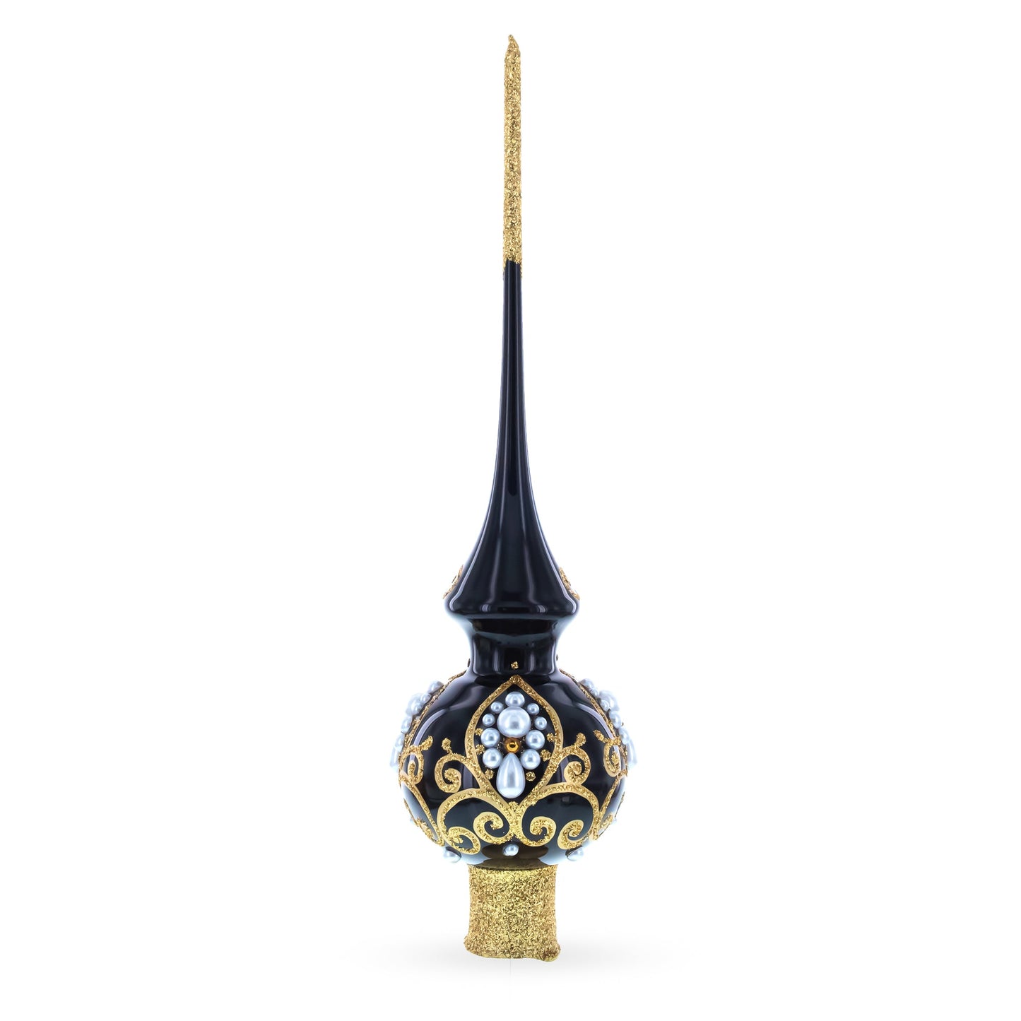 Black and Gold Filigree Design Glass Christmas Tree Topper 11 Inches