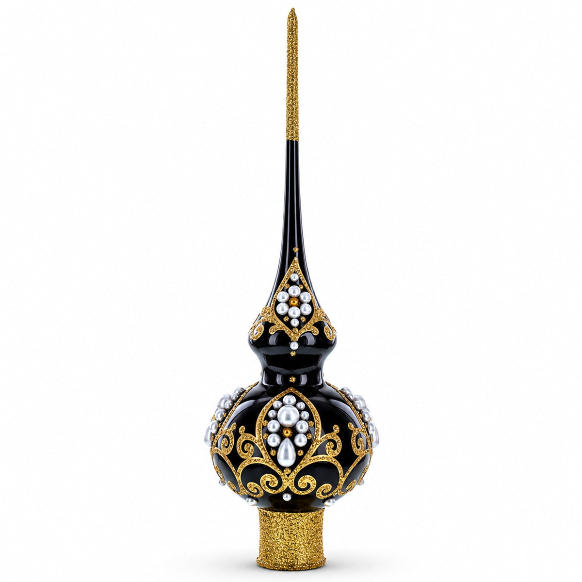 Black and Gold Filigree Design Glass Christmas Tree Topper 11 Inches