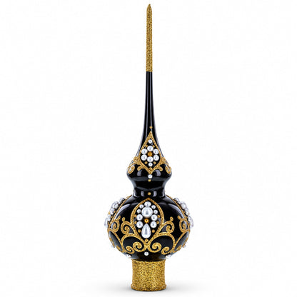 Black and Gold Filigree Design Glass Christmas Tree Topper 11 Inches