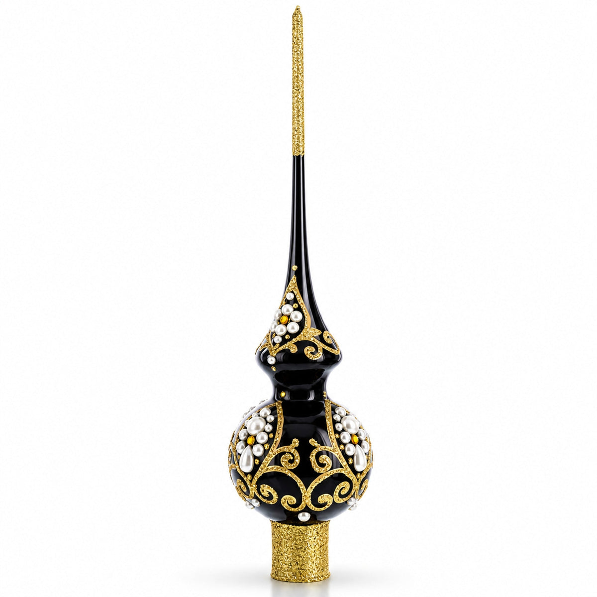 Black and Gold Filigree Design Glass Christmas Tree Topper 11 Inches