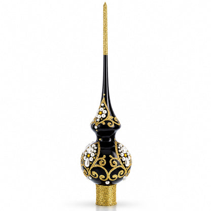 Black and Gold Filigree Design Glass Christmas Tree Topper 11 Inches