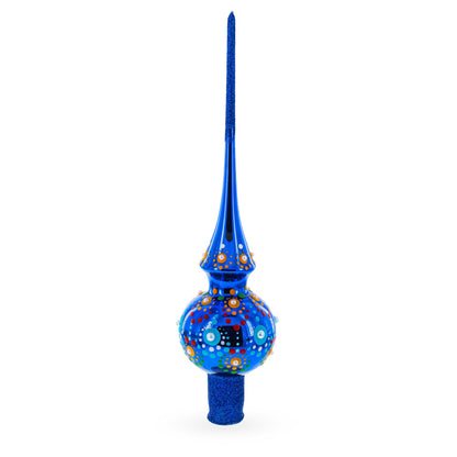 Glossy Blue with Festive Accents Glass Christmas Tree Topper