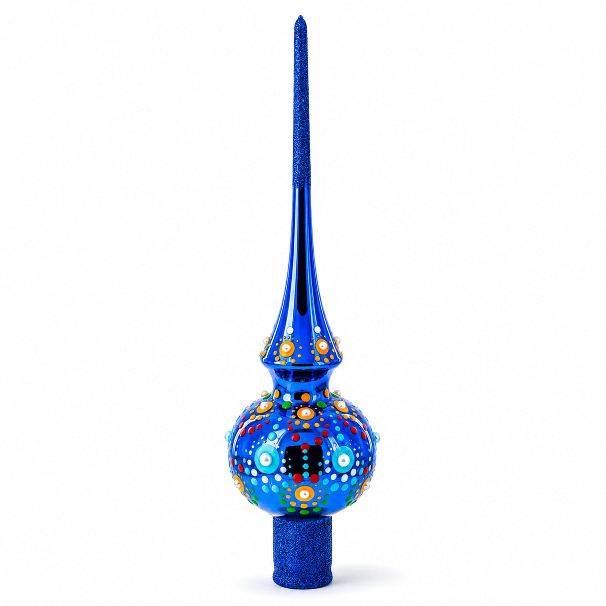 Glossy Blue with Festive Accents Glass Christmas Tree Topper